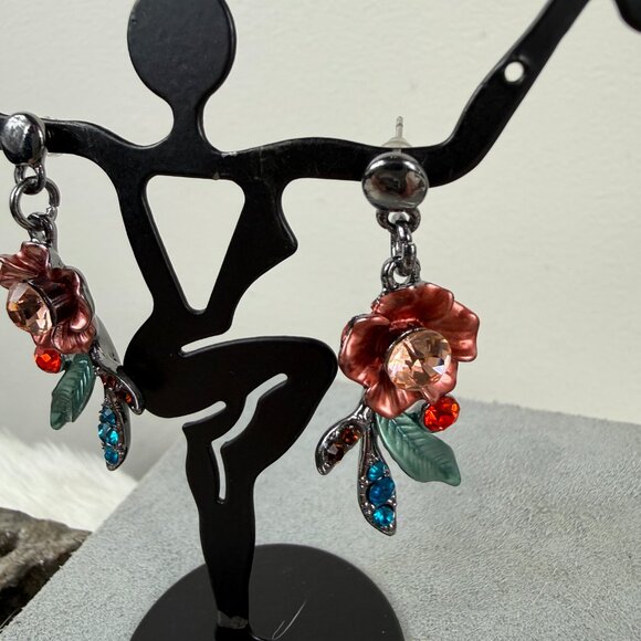 Two Piece Necklace & Earring Set - Enamel & Rhinestone Flower Necklace 16.5 - 20 - Picture 6 of 14